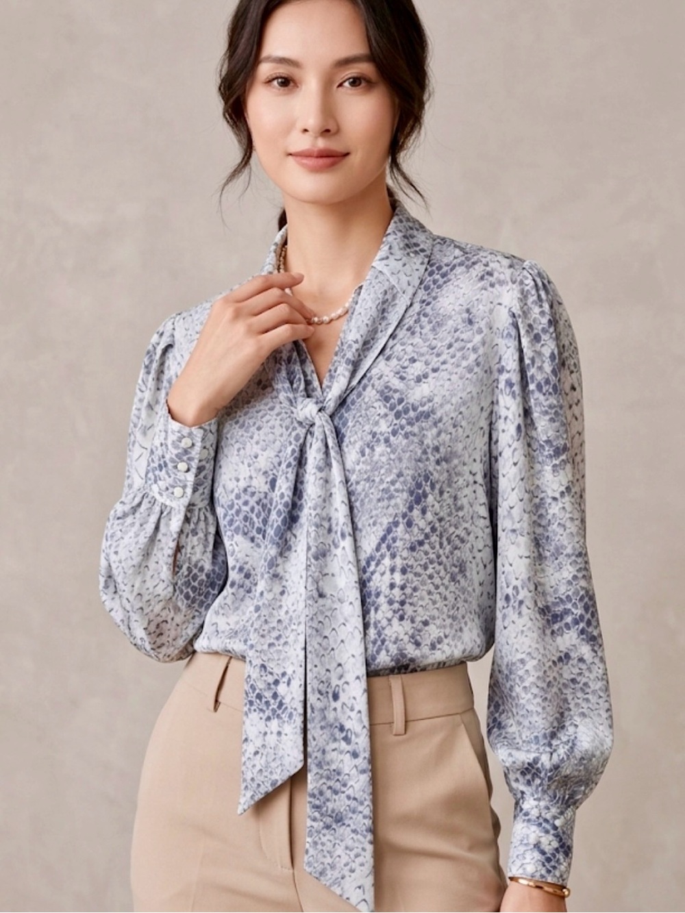 Vintage Snake Print Bow Neck Blouse Size L | Elegant Satin Long Sleeve Top